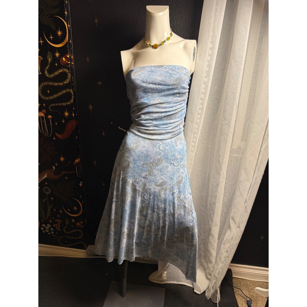 See you Monday Blue Paisley Ruched Strapless Handkerchief Hem Dress XL